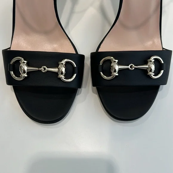 Gucci Black Leather Horsebit Ankle Strap Open Toe Block Heel Sandals Size 38 - Picture 8 of 9